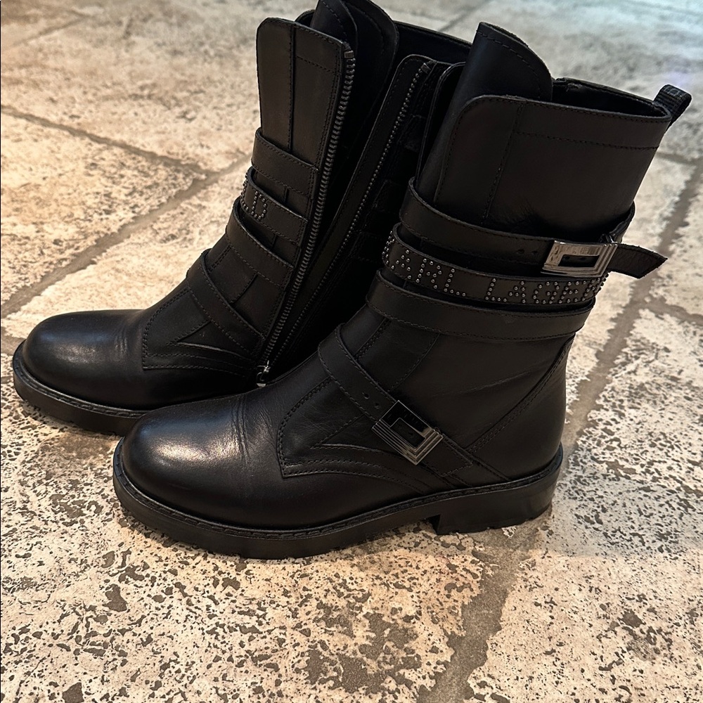 Karl Lagerfeld Black Leather Buckle Boots 7.5